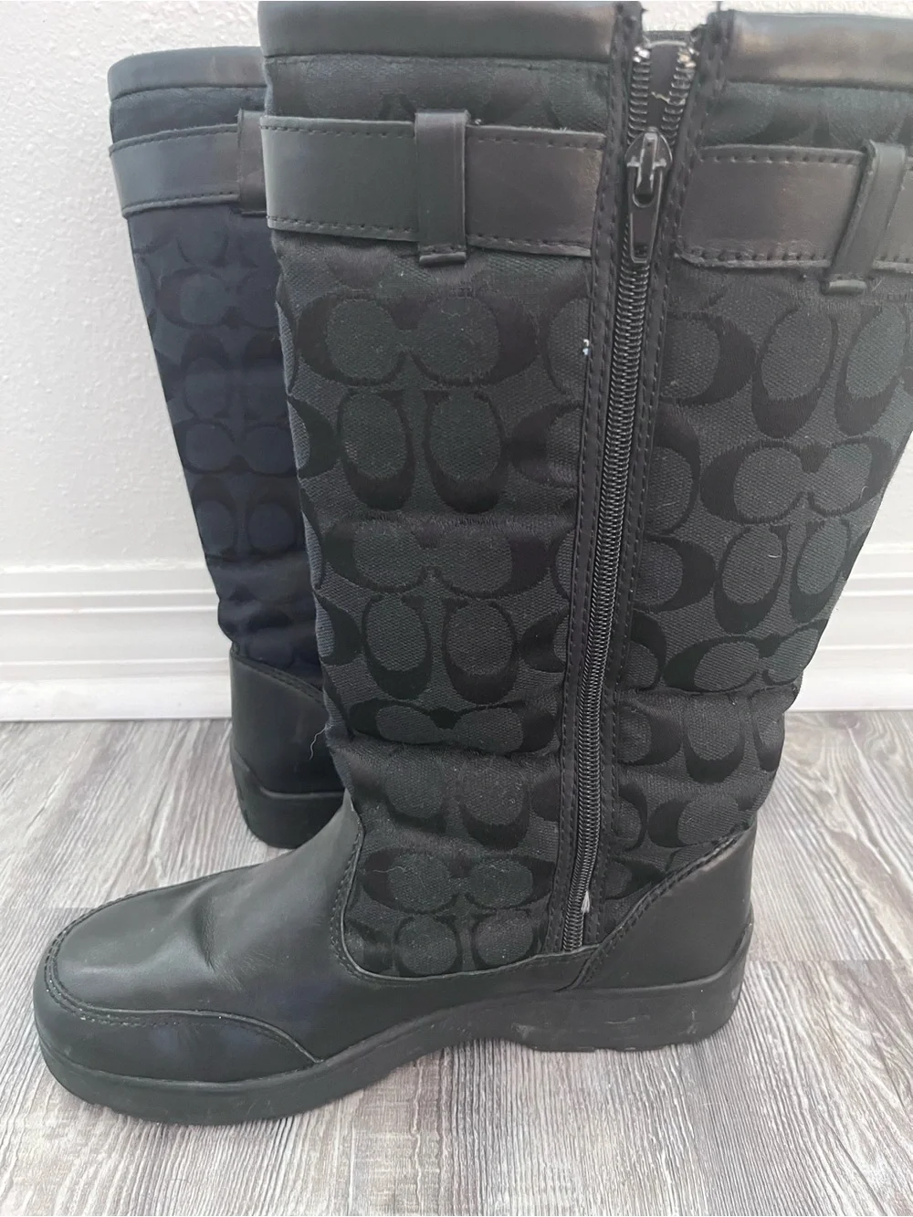 Coach Black Signature Canvas Mid-Calf Boots with Gold Hardware